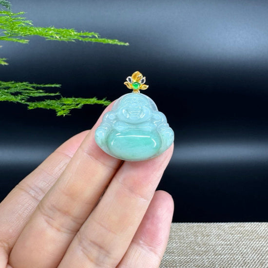 18K Yellow Gold Burmese Green Jadeite Jade Happy Buddha Pendant