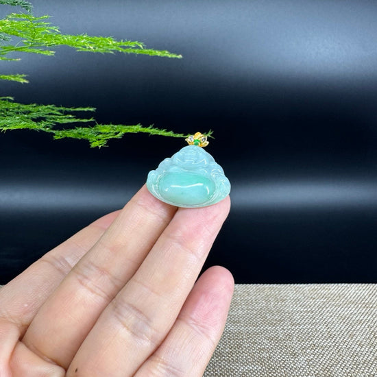 18K Yellow Gold Burmese Green Jadeite Jade Happy Buddha Pendant