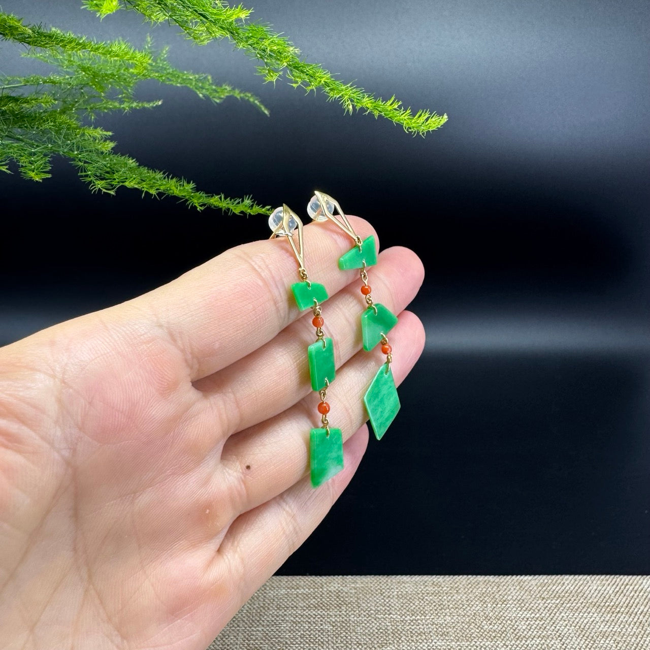 18k Yellow Gold Genuine Green Jadeite Jade Earrings