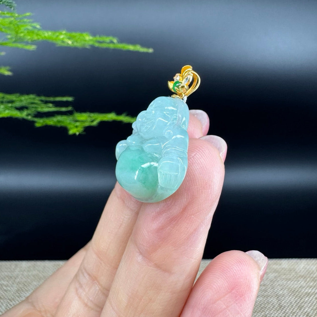 18K Yellow Gold Burmese Green Jadeite Jade Happy Buddha Pendant