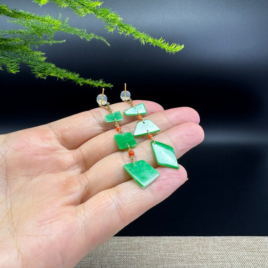 18k Yellow Gold Genuine Green Jadeite Jade Earrings