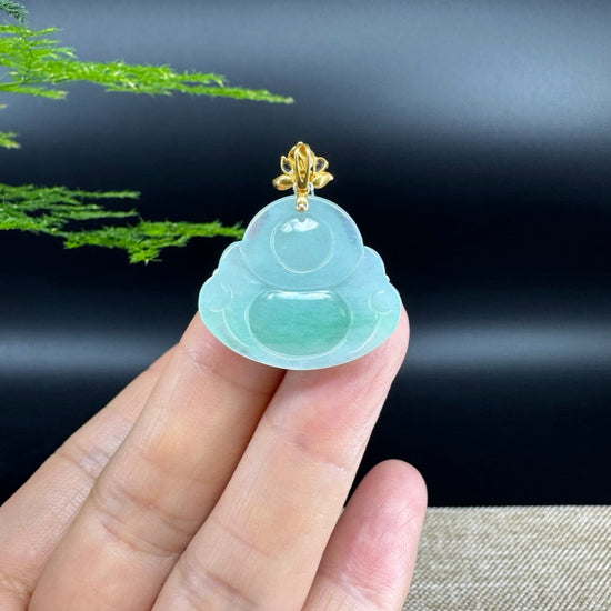 18K Yellow Gold Burmese Green Jadeite Jade Happy Buddha Pendant