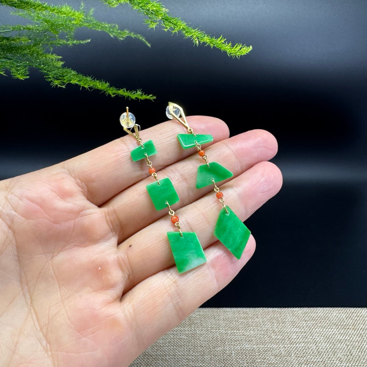 18k Yellow Gold Genuine Green Jadeite Jade Earrings