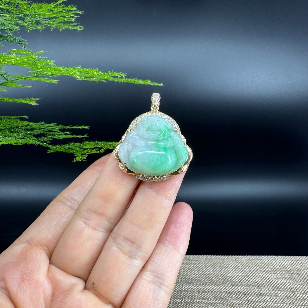 18K Yellow Gold Burmese Green Jadeite Jade Happy Buddha Pendant
