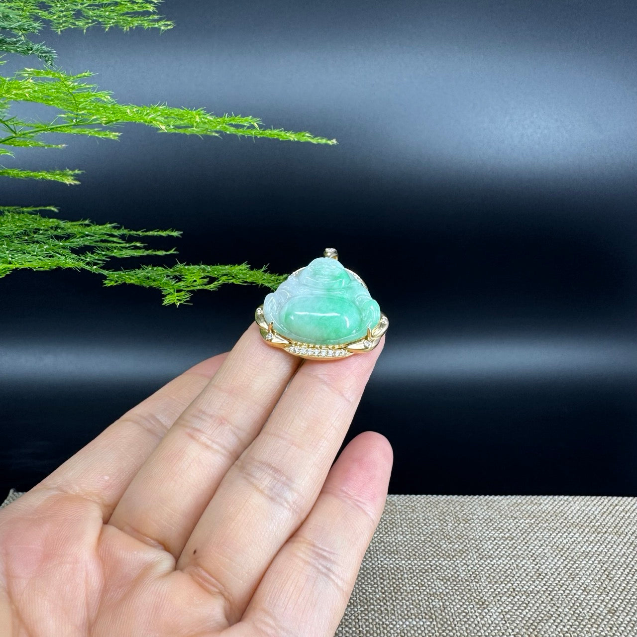 18K Yellow Gold Burmese Green Jadeite Jade Happy Buddha Pendant