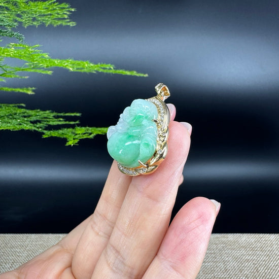 18K Yellow Gold Burmese Green Jadeite Jade Happy Buddha Pendant