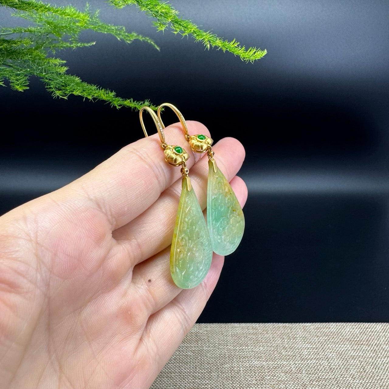 18k Yellow Gold Genuine Yellow Green Jadeite Jade Earrings With Diamonds