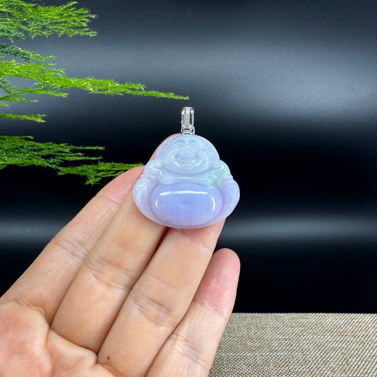 18K White Gold Burmese Lavender Green Jadeite Jade Happy Buddha Pendant