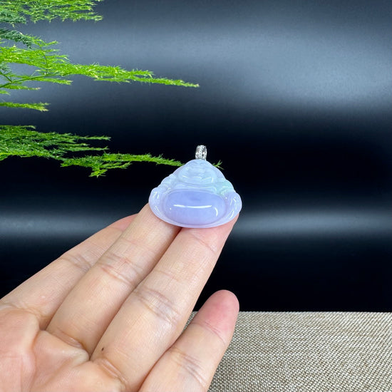 18K White Gold Burmese Lavender Green Jadeite Jade Happy Buddha Pendant