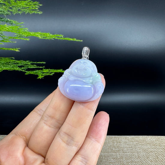 18K White Gold Burmese Lavender Green Jadeite Jade Happy Buddha Pendant
