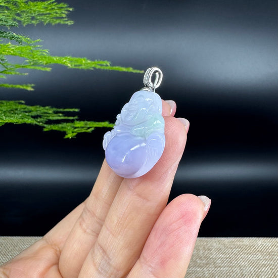 18K White Gold Burmese Lavender Green Jadeite Jade Happy Buddha Pendant