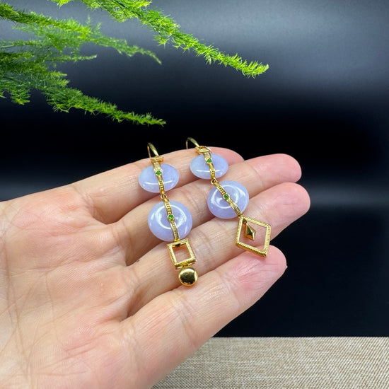 18k Yellow Gold Genuine Lavender Jadeite Jade Earrings With Diamonds