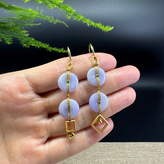 18k Yellow Gold Genuine Lavender Jadeite Jade Earrings With Diamonds