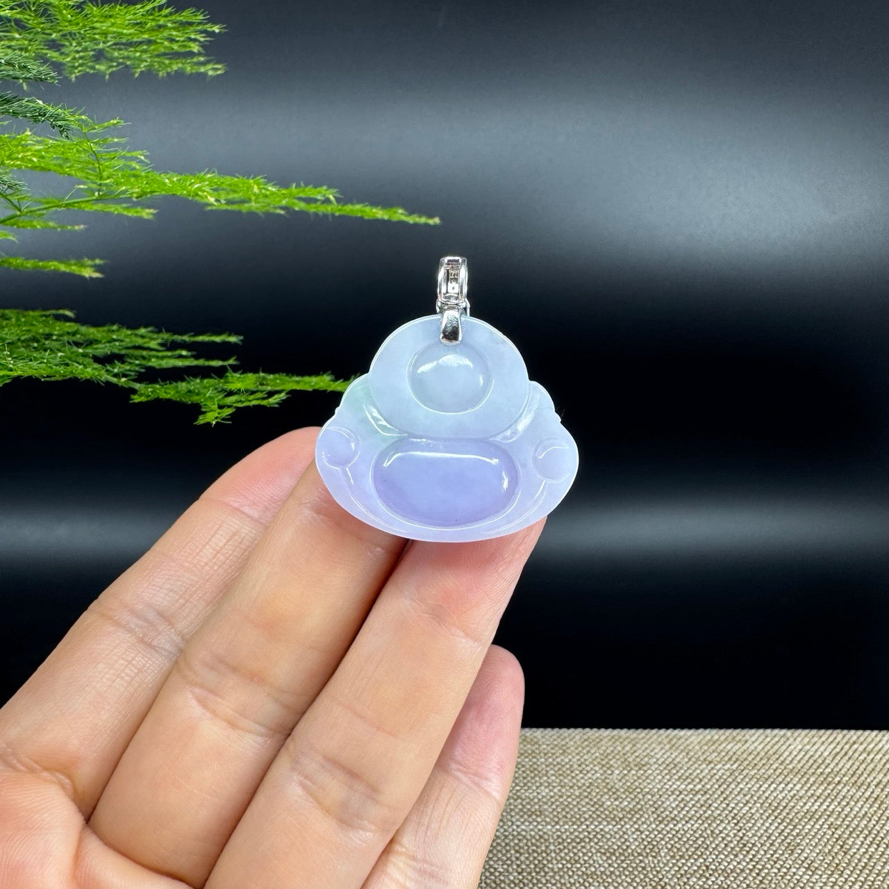 18K White Gold Burmese Lavender Green Jadeite Jade Happy Buddha Pendant