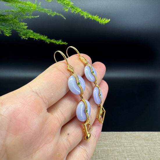 18k Yellow Gold Genuine Lavender Jadeite Jade Earrings With Diamonds