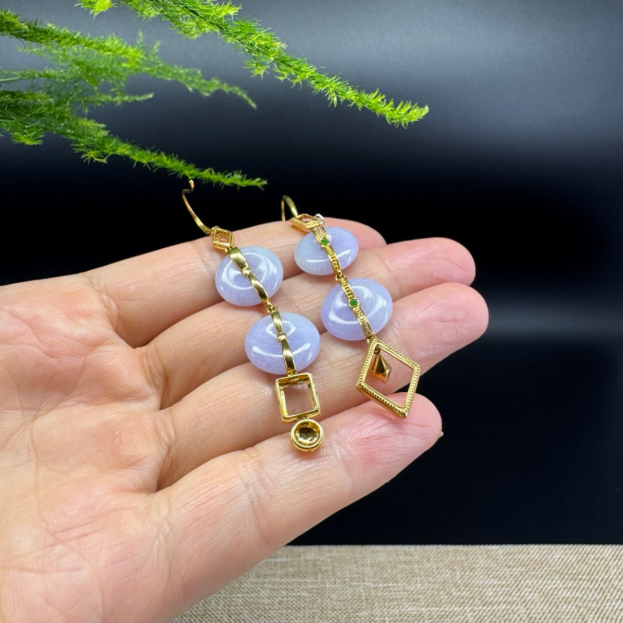 18k Yellow Gold Genuine Lavender Jadeite Jade Earrings With Diamonds