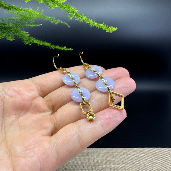 18k Yellow Gold Genuine Lavender Jadeite Jade Earrings With Diamonds