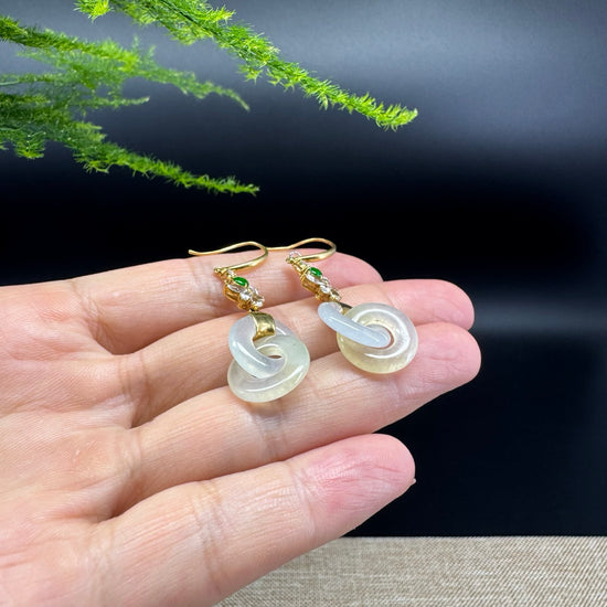 18k Yellow Gold Genuine Icy Yellow Jadeite Jade Earrings With Diamonds