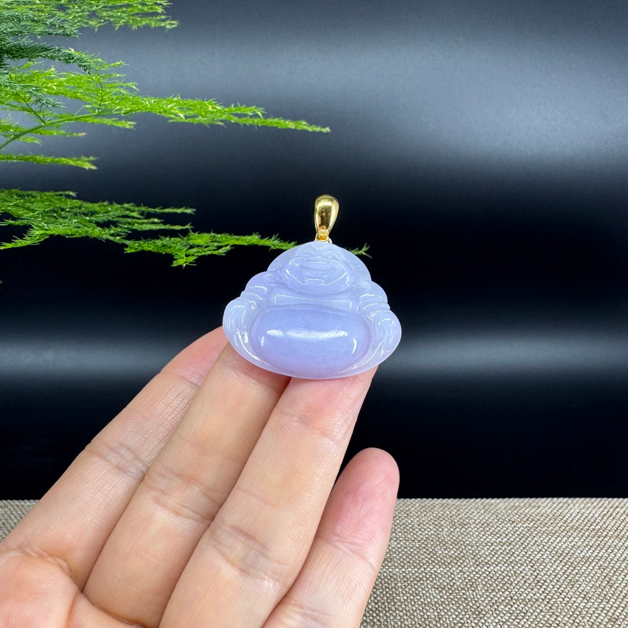 18K Yellow Gold Burmese Lavender Jadeite Jade Happy Buddha Pendant