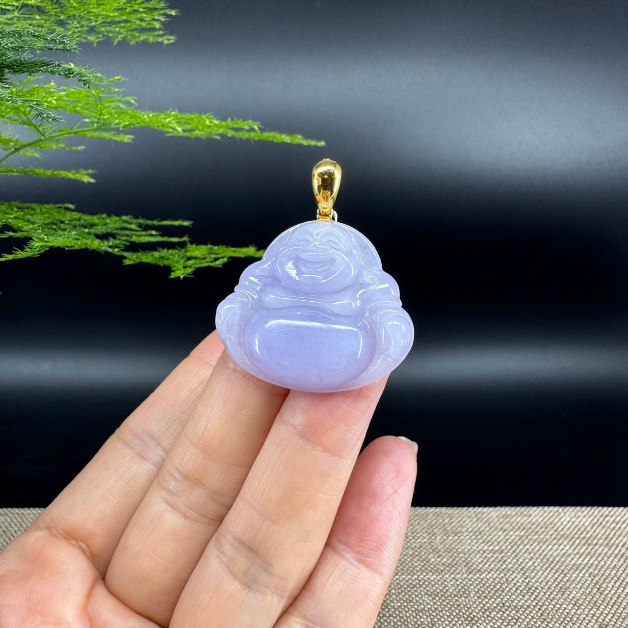 18K Yellow Gold Burmese Lavender Jadeite Jade Happy Buddha Pendant