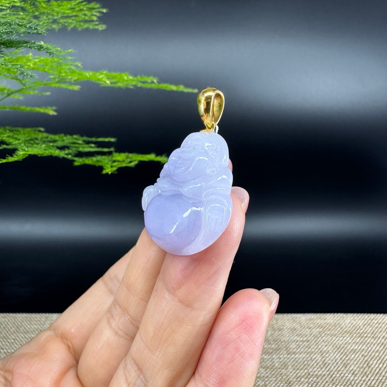 18K Yellow Gold Burmese Lavender Jadeite Jade Happy Buddha Pendant