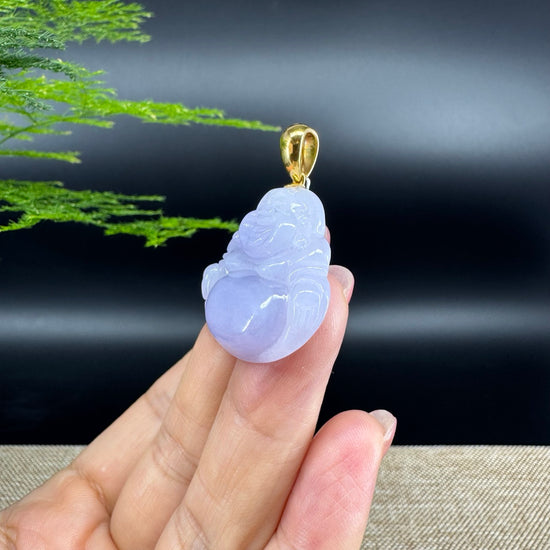 18K Yellow Gold Burmese Lavender Jadeite Jade Happy Buddha Pendant