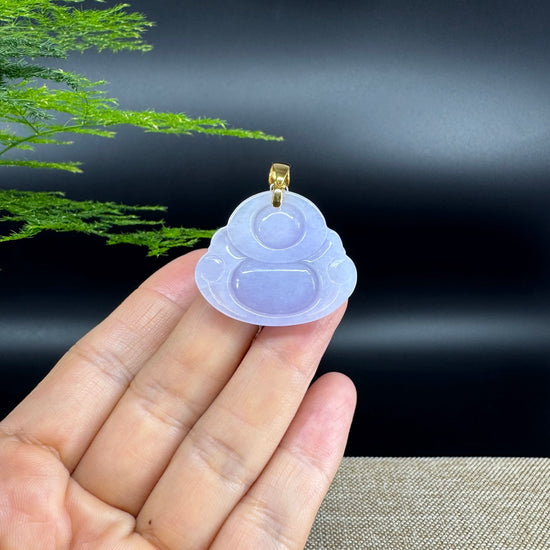 18K Yellow Gold Burmese Lavender Jadeite Jade Happy Buddha Pendant