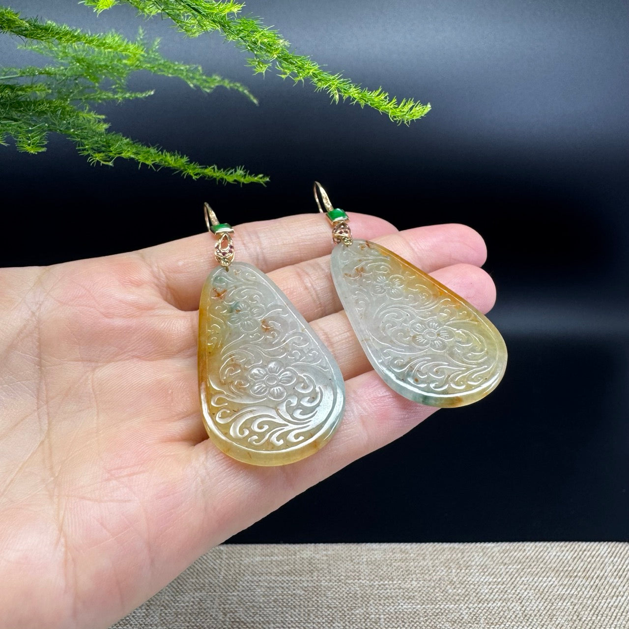 18k Yellow Gold Genuine Icy Yellow Green Jadeite Jade Earrings With Diamonds