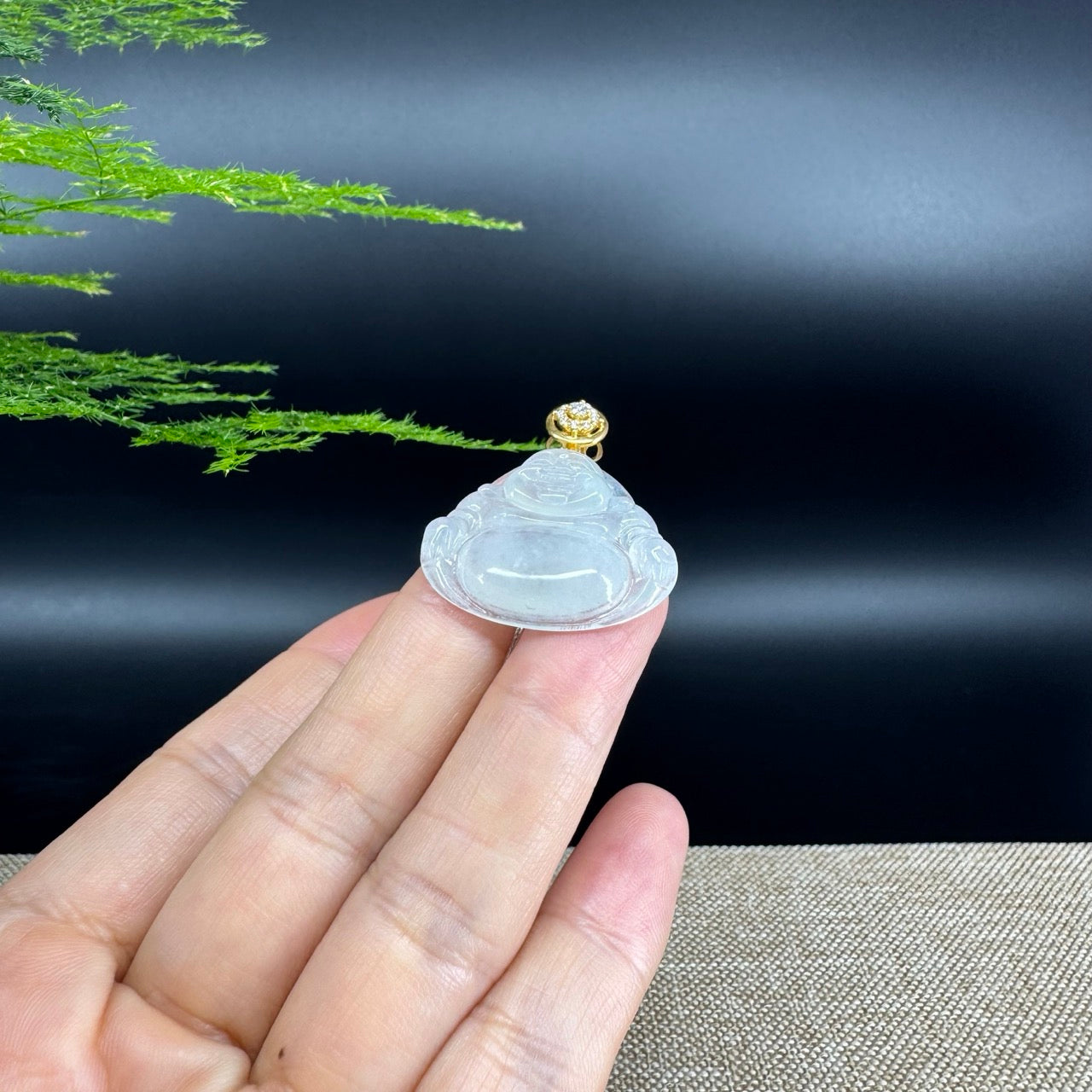 18K Yellow Gold Burmese Icy Jadeite Jade Happy Buddha Pendant