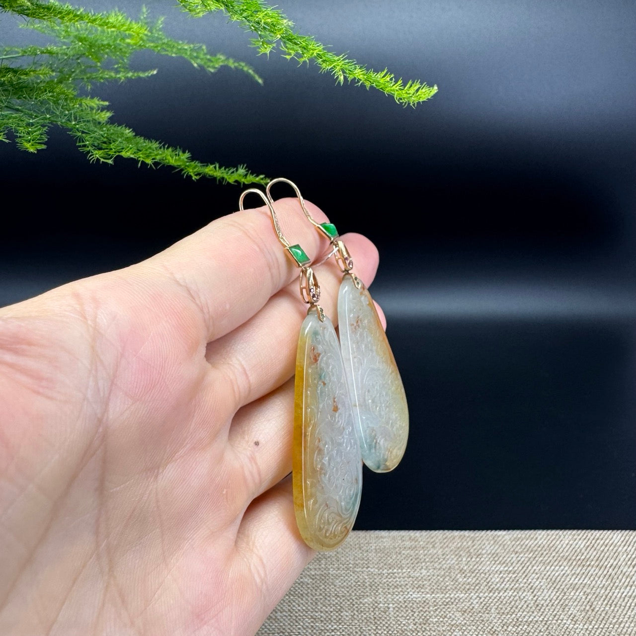 18k Yellow Gold Genuine Icy Yellow Green Jadeite Jade Earrings With Diamonds