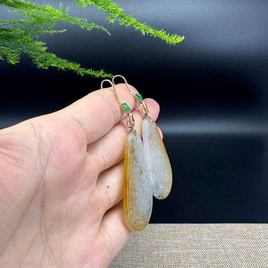 18k Yellow Gold Genuine Icy Yellow Green Jadeite Jade Earrings With Diamonds