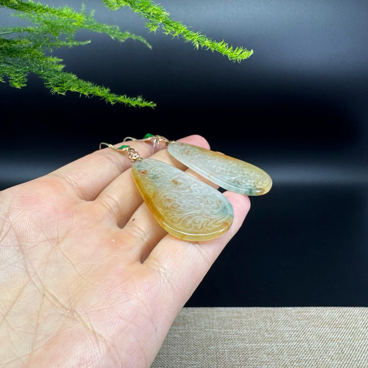 18k Yellow Gold Genuine Icy Yellow Green Jadeite Jade Earrings With Diamonds