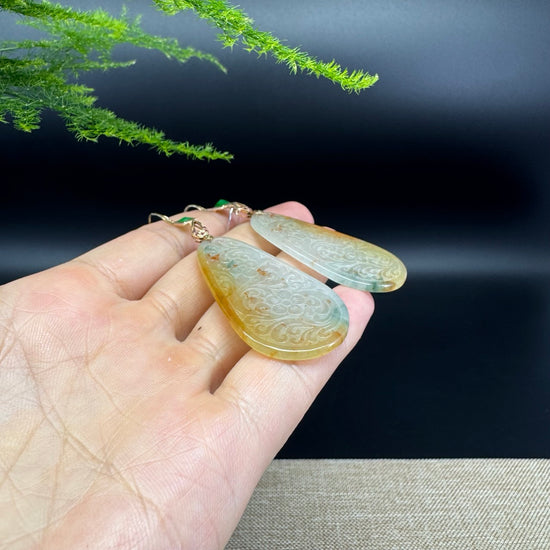 18k Yellow Gold Genuine Icy Yellow Green Jadeite Jade Earrings With Diamonds