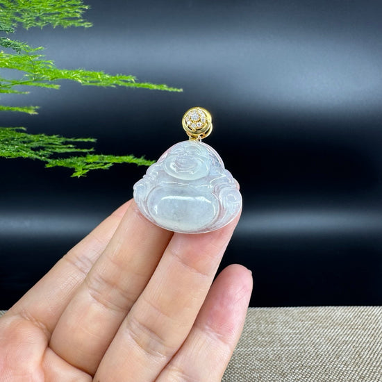 18K Yellow Gold Burmese Icy Jadeite Jade Happy Buddha Pendant