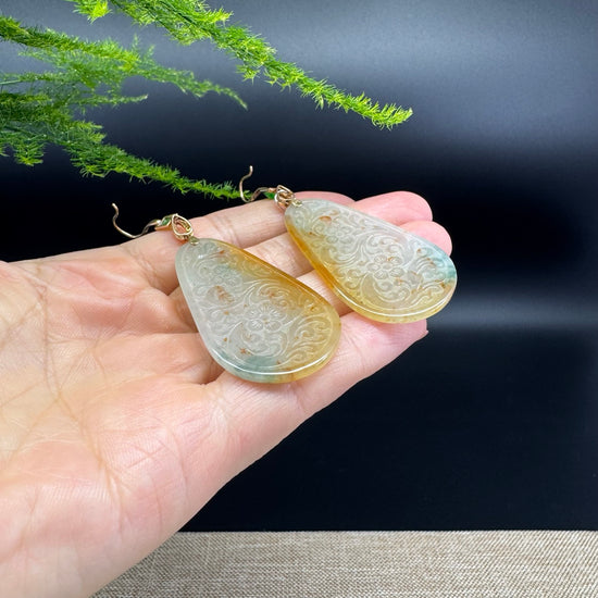 18k Yellow Gold Genuine Icy Yellow Green Jadeite Jade Earrings With Diamonds