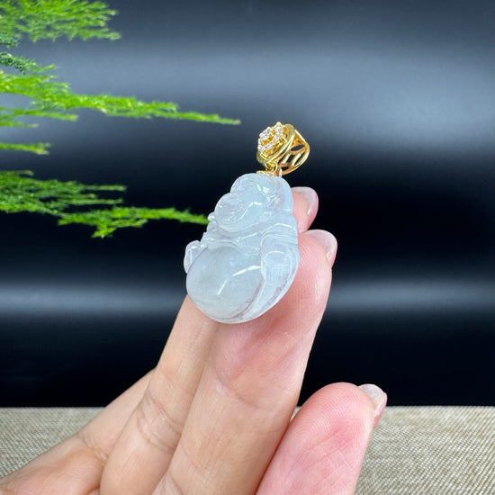 18K Yellow Gold Burmese Icy Jadeite Jade Happy Buddha Pendant