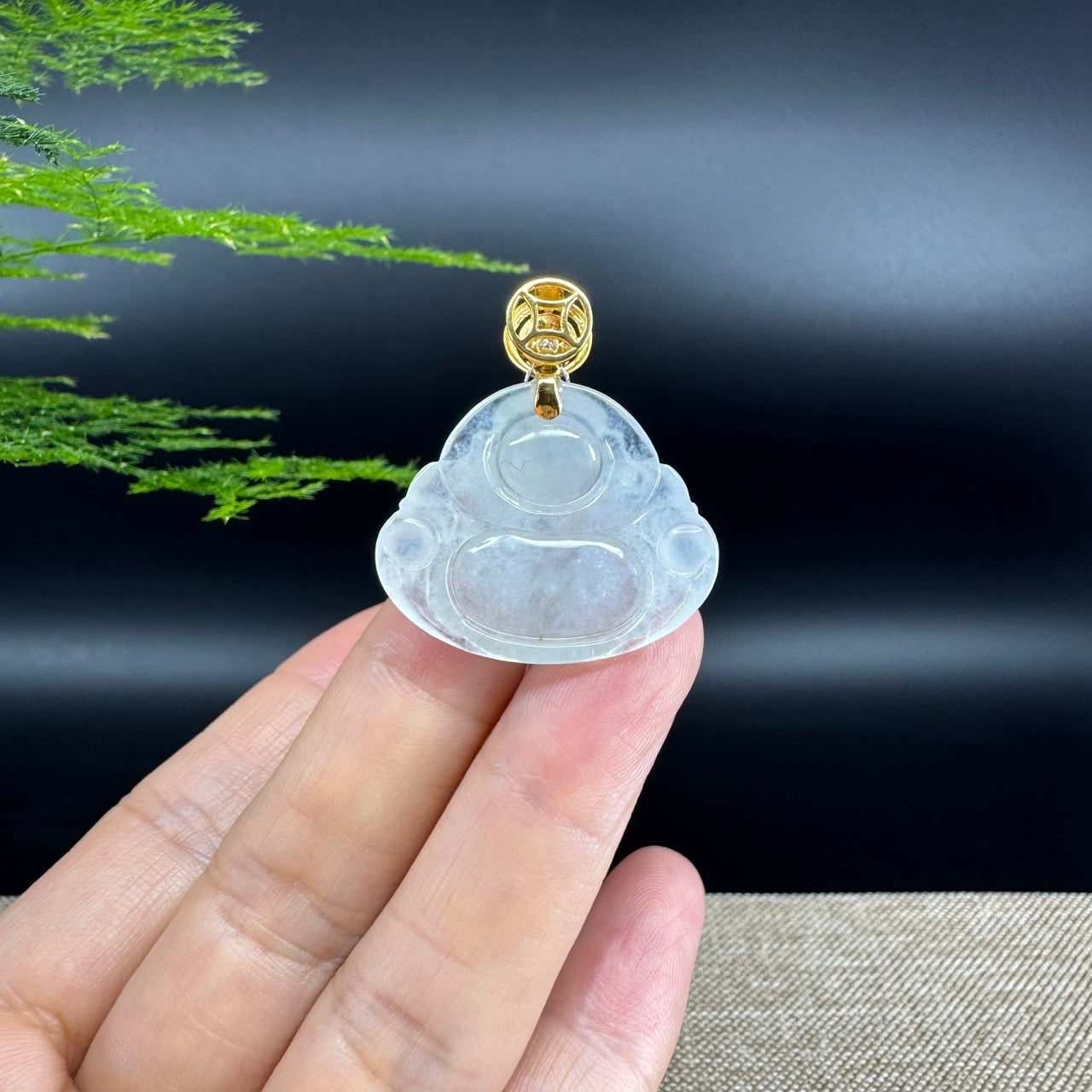 18K Yellow Gold Burmese Icy Jadeite Jade Happy Buddha Pendant
