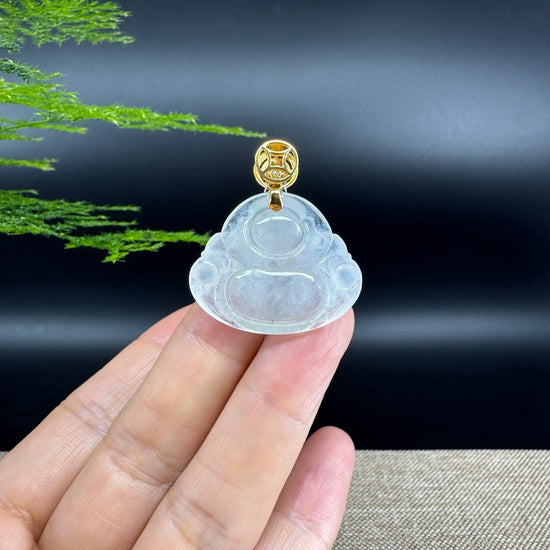 18K Yellow Gold Burmese Icy Jadeite Jade Happy Buddha Pendant