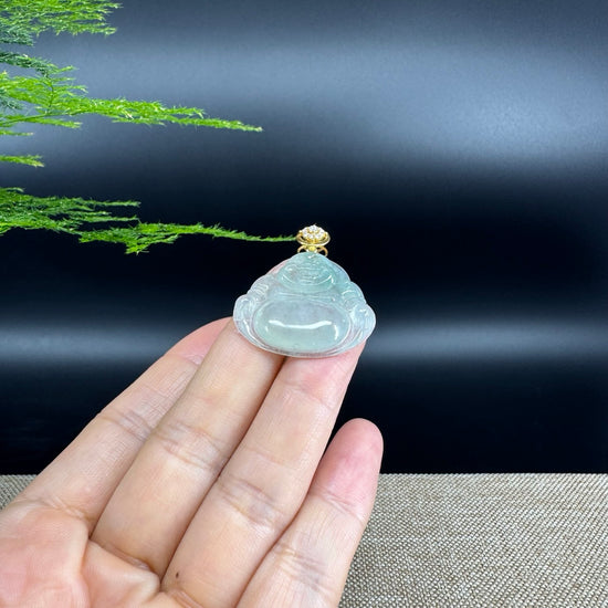 18K Yellow Gold Burmese Icy Green Jadeite Jade Happy Buddha Pendant