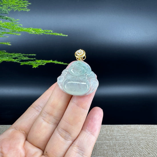 18K Yellow Gold Burmese Icy Green Jadeite Jade Happy Buddha Pendant