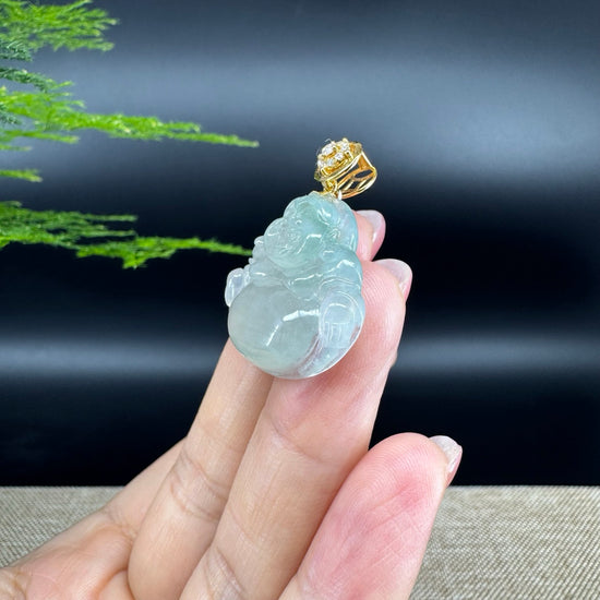 18K Yellow Gold Burmese Icy Green Jadeite Jade Happy Buddha Pendant