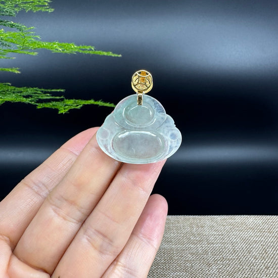 18K Yellow Gold Burmese Icy Green Jadeite Jade Happy Buddha Pendant