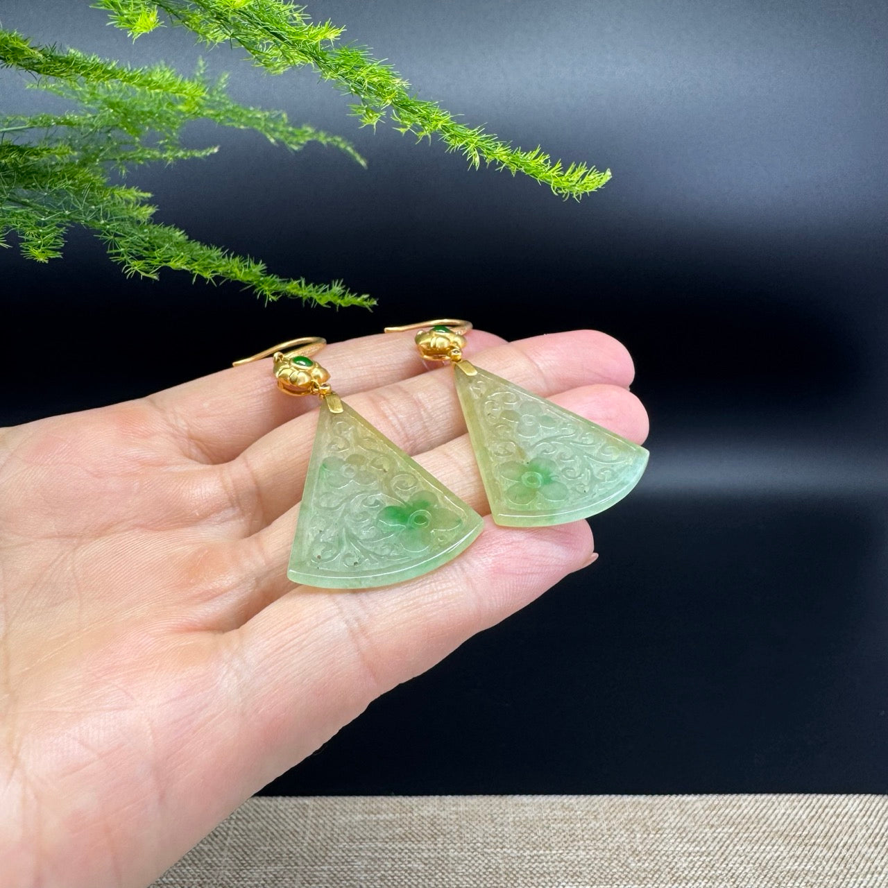 18k Yellow Gold Genuine Icy Yellow Green Jadeite Jade Earrings With Diamonds