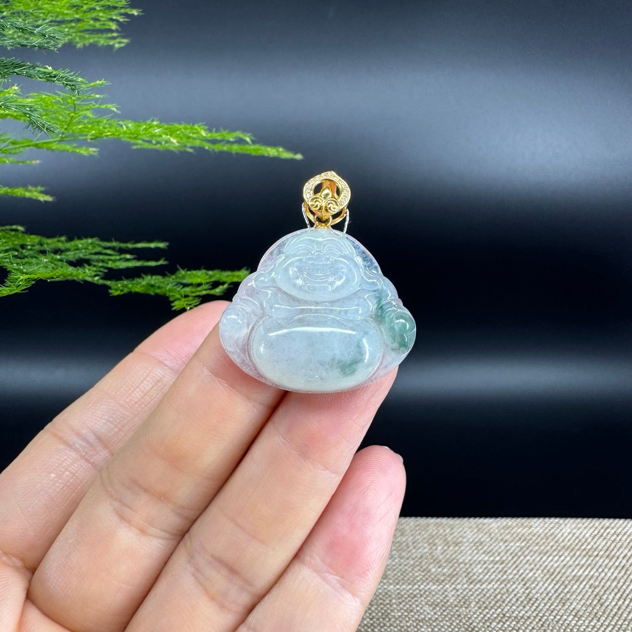 18K Yellow Gold Burmese Icy Green Jadeite Jade Happy Buddha Pendant