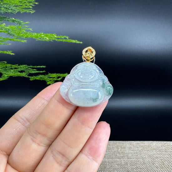 18K Yellow Gold Burmese Icy Green Jadeite Jade Happy Buddha Pendant