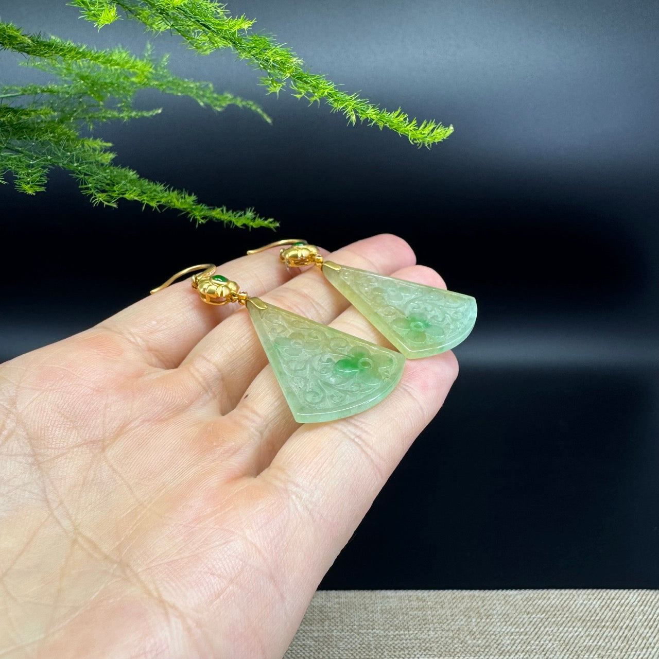 18k Yellow Gold Genuine Icy Yellow Green Jadeite Jade Earrings With Diamonds