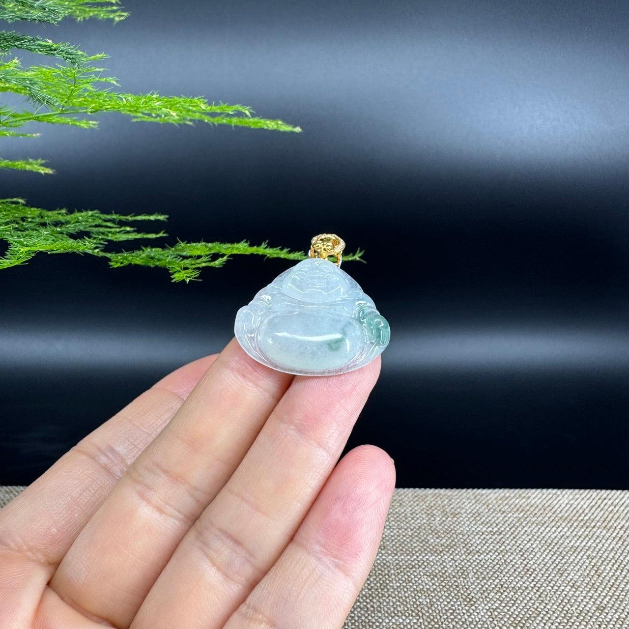 18K Yellow Gold Burmese Icy Green Jadeite Jade Happy Buddha Pendant