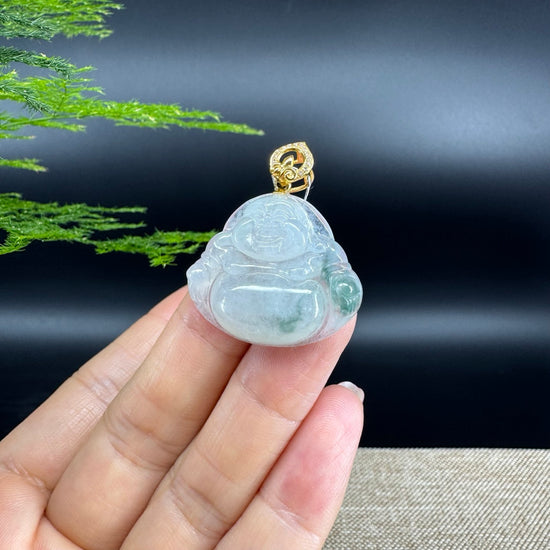 18K Yellow Gold Burmese Icy Green Jadeite Jade Happy Buddha Pendant