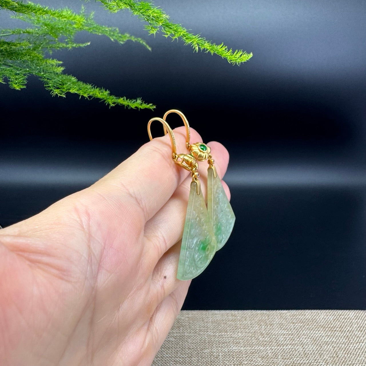 18k Yellow Gold Genuine Icy Yellow Green Jadeite Jade Earrings With Diamonds