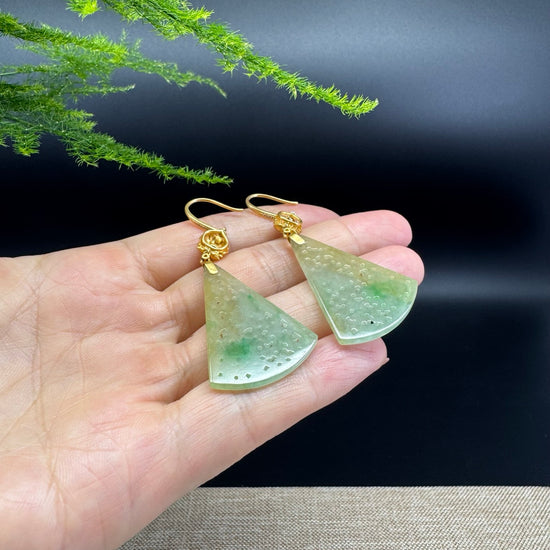 18k Yellow Gold Genuine Icy Yellow Green Jadeite Jade Earrings With Diamonds